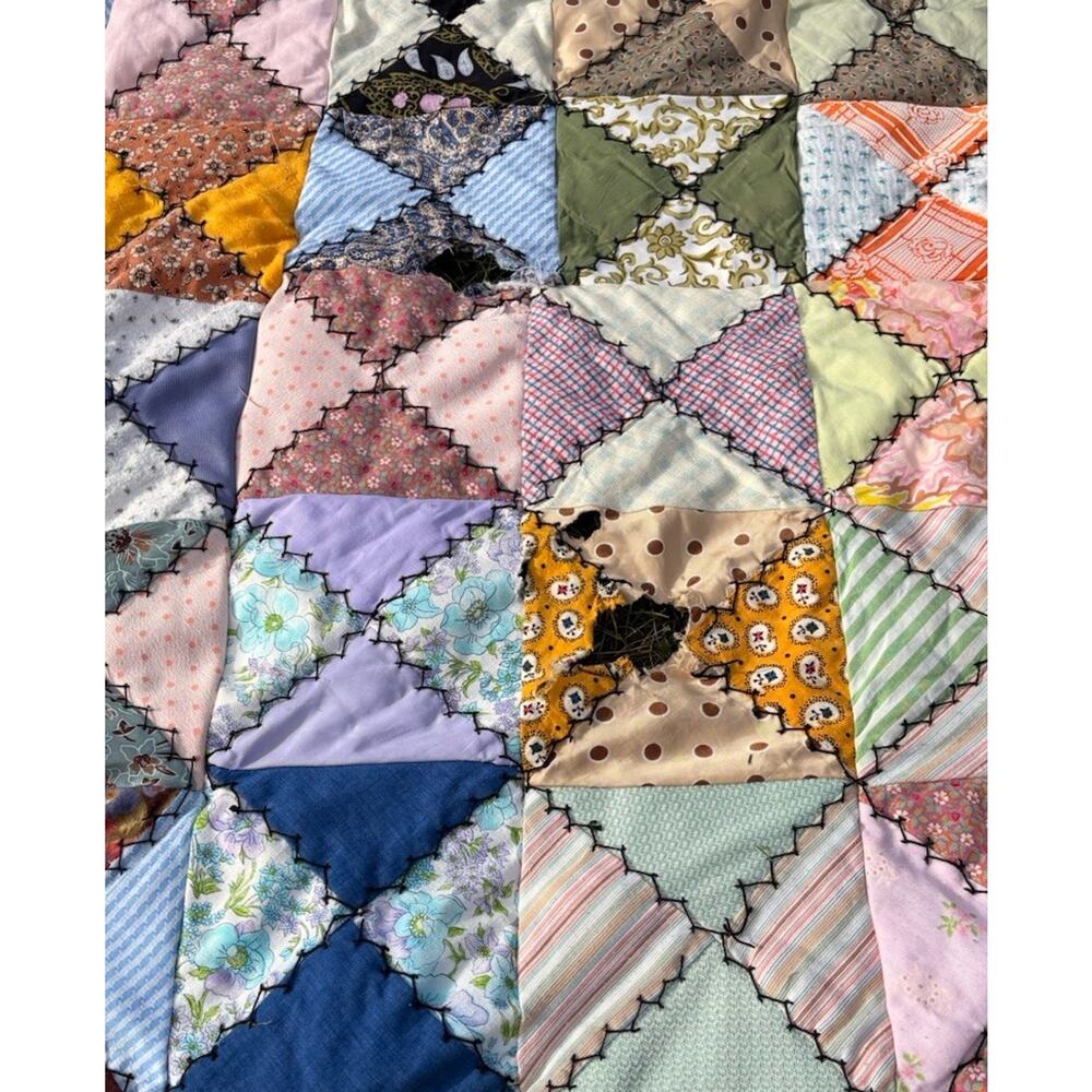 Vintage Handmade Patchwork Quilt Size 96x100 Multicolor M11 - Picture 7 of 7